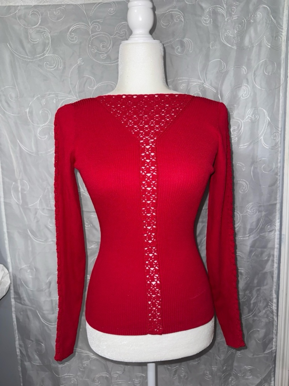 Cache Red Long Sleeve Knit Top with Lace-Trim Panel